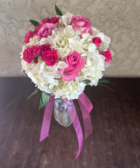 Chic Charm Prom Bouquet with customizable rose colors, spray roses, and white hydrangea
