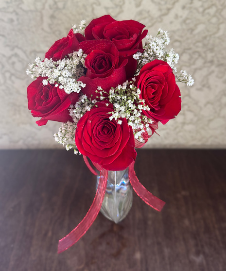 Enchanting Evening Prom Bouquet with 6 roses, baby's breath, and matching bow