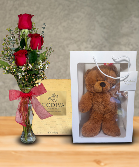 Sweet Romance Gift Set - Rose Bear, Red Roses, and Godiva Chocolates Bundle